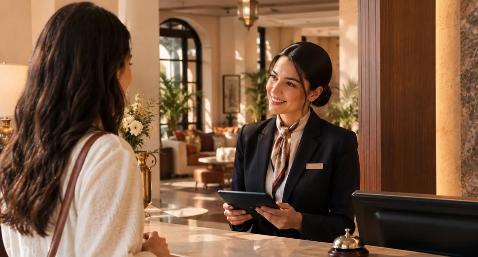 Réceptionniste accueillant une cliente à l&rsquo;accueil d&rsquo;un hôtel