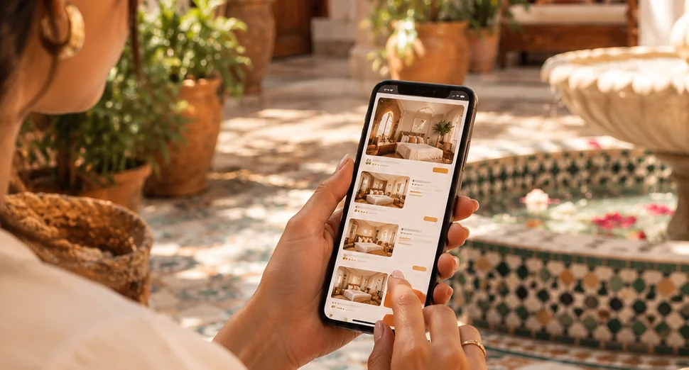 Voyageuse consultant des hébergements sur son smartphone dans la cour d&rsquo;un riad