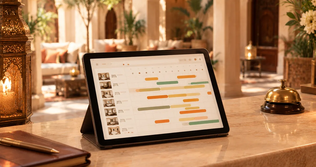 Tablette affichant un planning de réservations sur le comptoir d&rsquo;un riad