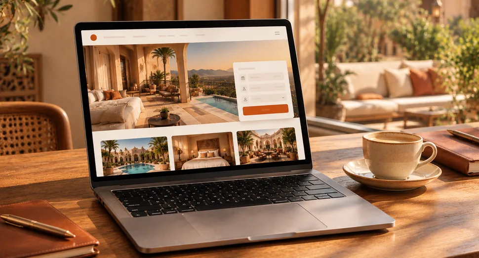 Ordinateur portable affichant le site d’un hôtel avec un formulaire de réservation
