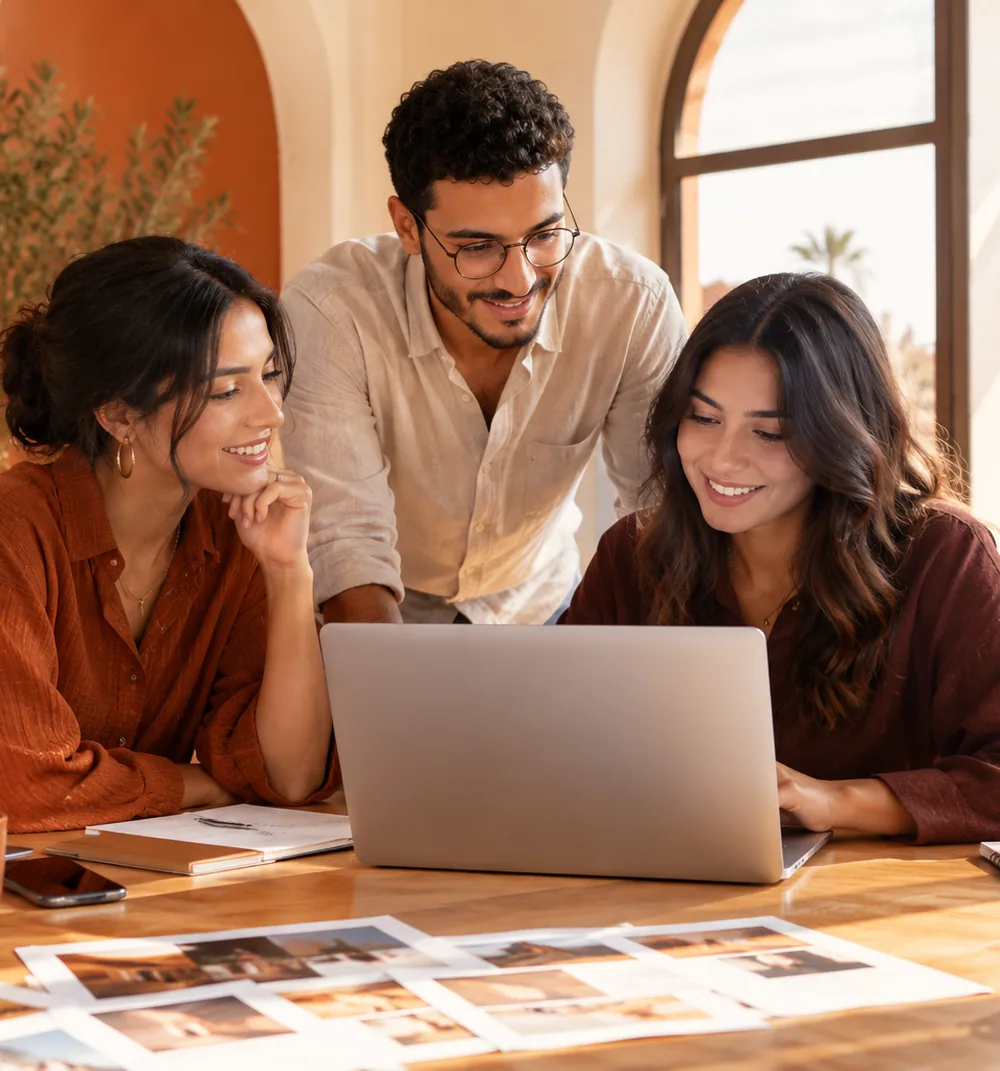 Trois membres de l’équipe réunis autour d’un ordinateur portable dans un bureau lumineux de Marrakech