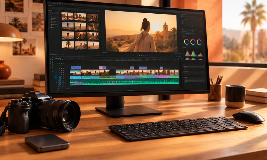 Poste de montage vidéo avec un grand écran, une timeline et un appareil photo