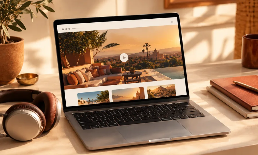 Ordinateur portable affichant un site web avec une vidéo de présentation